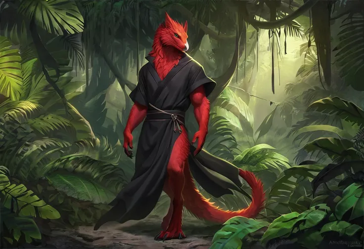 (Solo) anthro male raptor, detailed, bioluminescent red fur best art, masterpiece, quality, newest, jungle background, digitigrade, black robes