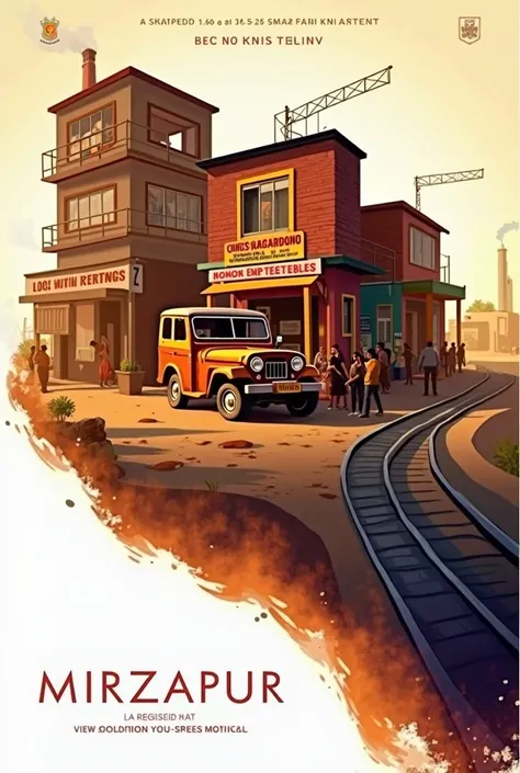 A gritty small-town setting inspired by Mirzapur, featuring narrow roads, old brick buildings with weathered facades, and a mix of rustic and modern elements. The scene includes a rugged jeep parked prominently on the side of a road, surrounded by subtle h...