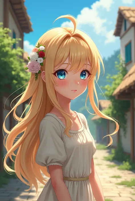  A village girl with very long blonde hair and bright blue eyes in the shape of an anime