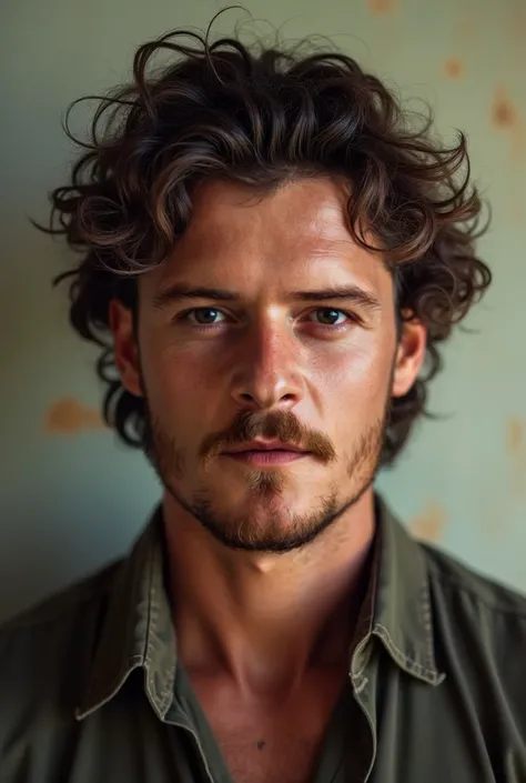 (best quality, masterpiece, photorealistic:1.2), The outlaw  Joe Byrne, handsome with short curly brown hair and brown eyes, looks like Orlando Bloom from  Ned Kelly, australian outlaw, Orlando Bloom as Joe Byrne