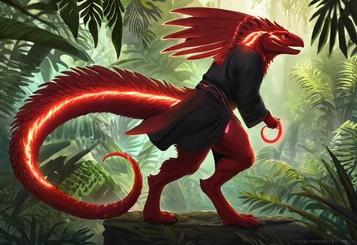 (Solo) anthro male raptor, detailed, bioluminescent red fur best art, masterpiece, quality, prehensile tail with fins, glowing markings newest, jungle background, digitigrade, black robes