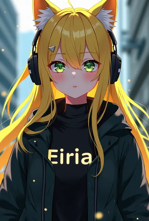 Anime DJ girl with long hair with yellow highlights, light green eyes with wolf ears with headphones that has a black jacket and that the jacket has the name of Eirian in the middle 