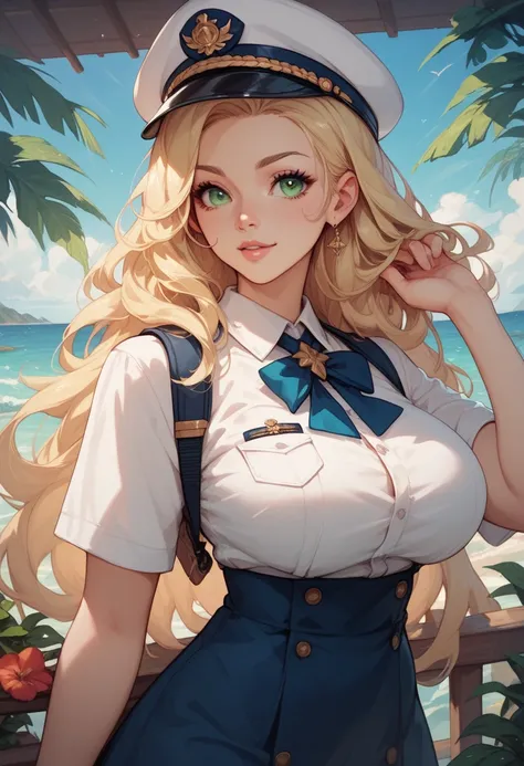 Anime girl blonde long hair green eyes big breasts cute in a wide long sea uniform