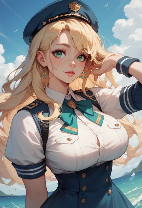 Anime girl blonde long hair green eyes big breasts cute in a wide long sea uniform