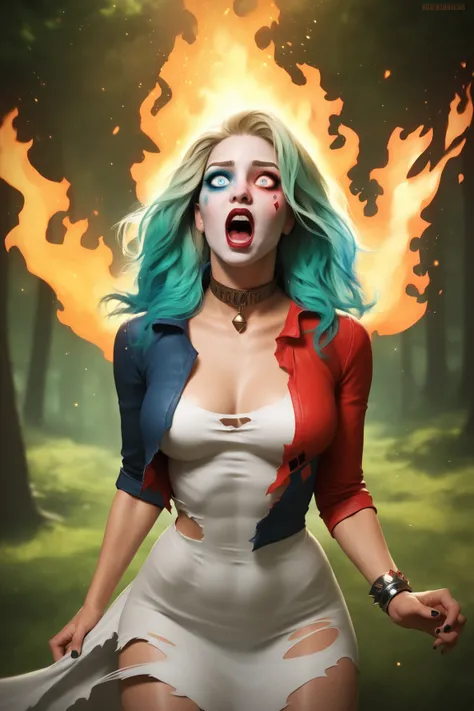 1girl, Harley Quinn as tyrande, aqua hair, glowing eyes, white dress, athletic, gasp, perfect eyes, perfect face,( forest fire:1.3), torn clothes,  looking up,  gasp, shocked, surprised, burning tree,  volumetric lighting,particles, beautiful, masterpiece,...