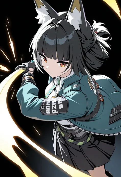 1girl,hoshimi miyabi, zenless zone zero, from above, side angle, foreshortening, fluff animal ear, black glove, black hair, black skirt, blunt bangs, jacket, holding sword, , energy katana, sparks, simple dynamic black background, cinematography, masterpie...