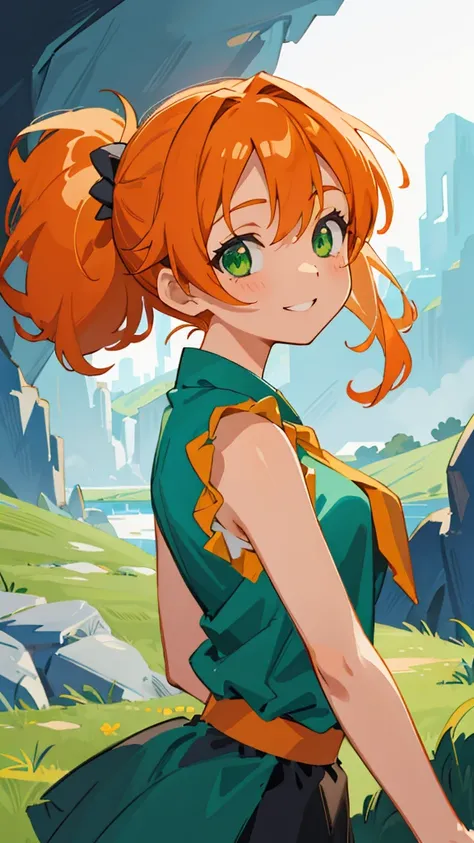 masterpiece、 top quality 、 1 girl、Anime drawings、 orange hair、Beautiful green eyes、 side ponytail 、 sleeveless shirt、 black skirt、 upper body closeup、 from the side、smile、 Cinematic Lighting 、cave、 sharp outline 