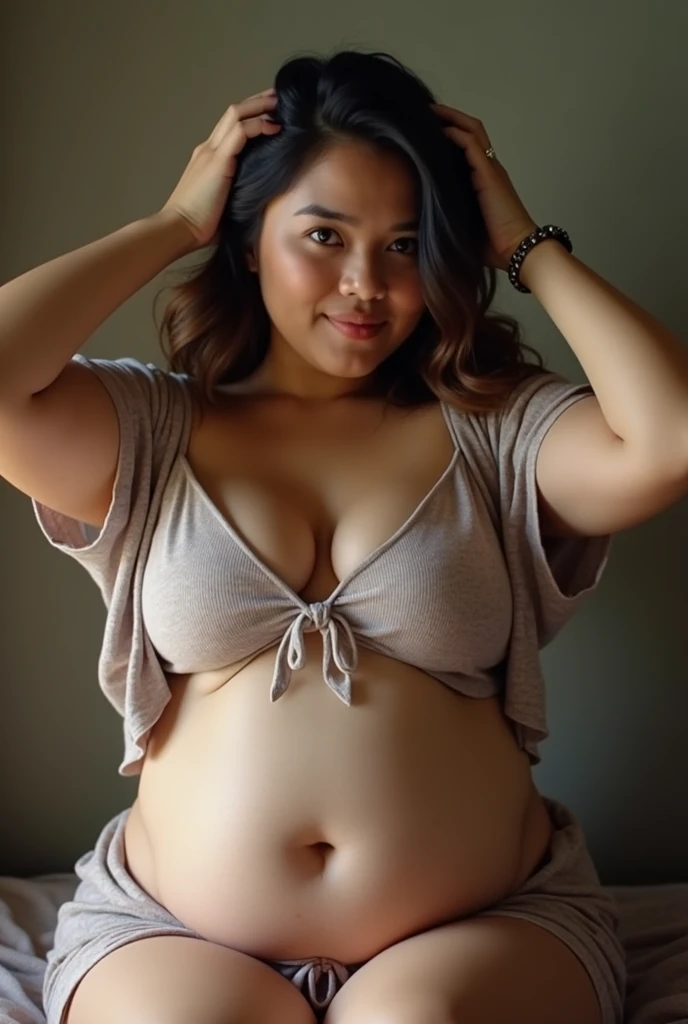  A beautiful Indonesian woman with a rather fat body wears a casual dress and clearly shows her huge cleavage. sitting On the body of a young Indonesian man his hands squeezing his hair. by Balkon Villa 