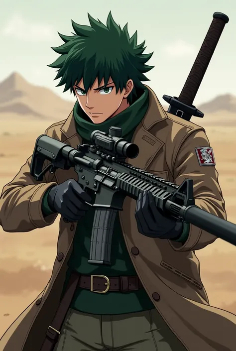  Generate the image of  *DMR M4*  pistol with a silencer with a long range barrel being used by *Midoriya Izuku* Full-body with a katana on the back, A pistol  *.50 GS * The belt,  in the middle of the war with full-body 