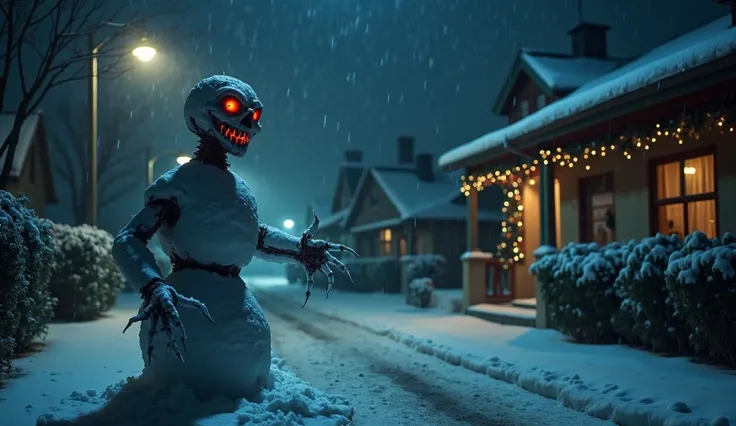 A dark, eerie winter night with snow falling gently over a quiet town. In the foreground, a menacing figure resembling a twisted snowman stands under dim, flickering streetlights. The snowman has glowing red eyes, sharp icy claws, and an unsettling grin, e...