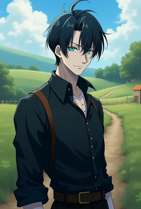 A rural man in his thirties has white skin, black hair, bright blue eyes, beard and wears an old black dress in the style of anime 