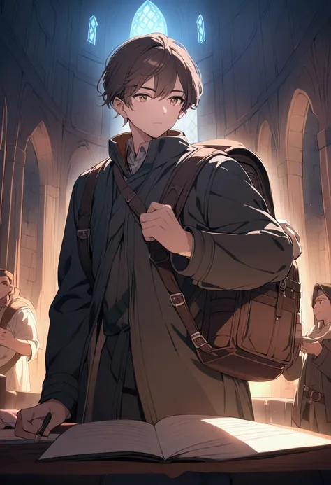 a male with short dark brown hair and dark brown eyes, friendly expression, Dungeons and Dragons, wearing a black coat, taking notes, huge traveling backpack on back, highly detailed, cinematic lighting, vibrant colors, masterpiece