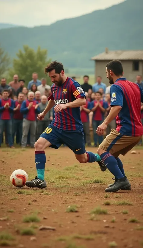  Messi dribbling local players on a rustic field ,  showing impressive skills .  Cristiano Ronaldo is next to ,  executing a powerful kick toward an improvised goal made of wood. Local players , wearing simple clothes,  watch with expressions of surprise a...