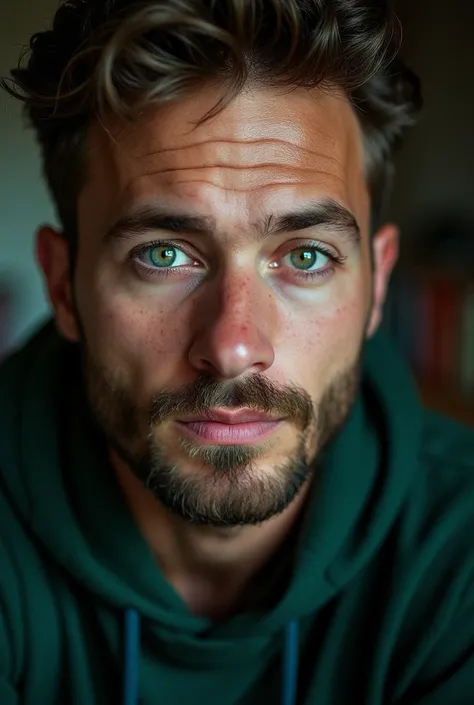 Im looking to make the cover of a book ,  I need green eyes with a sad look,  should be a man of about 33 years old with a beard, The person ,  should look younger and highlight the green eyes ,  a little more, preferably closer the photo 