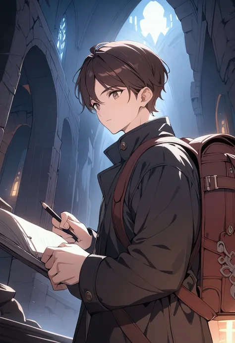 a male with short dark brown hair and dark brown eyes, friendly expression, Dungeons and Dragons, wearing a black coat, taking notes, huge traveling backpack on back, highly detailed, cinematic lighting, vibrant colors, masterpiece