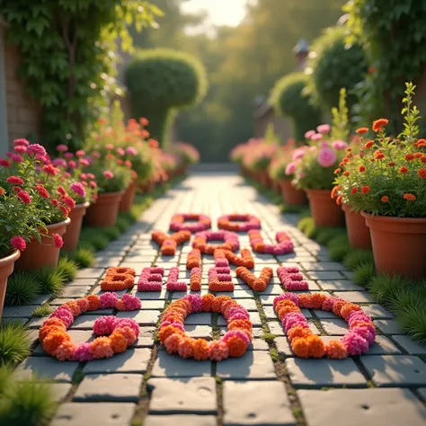 Assorted flowers creating the words Do you believe in god? on a paved outdoor path, surrounded by terracotta and ceramic pots with blooming plants in the background, during a sunny midday.