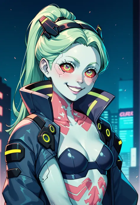 
rebecca, cyberpunk edgerunners, Half naked, Smiling, Tied hair