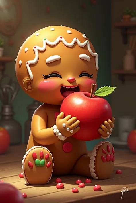 Gingerbread man eating an apple