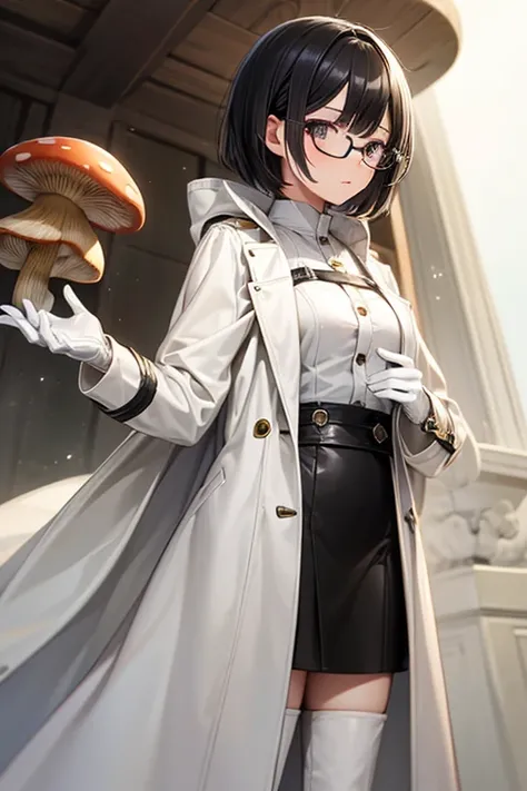 1 girl, mushroom style short black hair, silver eyes,),  long white trench coat ,  short black skirt , white boots , white gloves ,  look would be ,glasses of vision