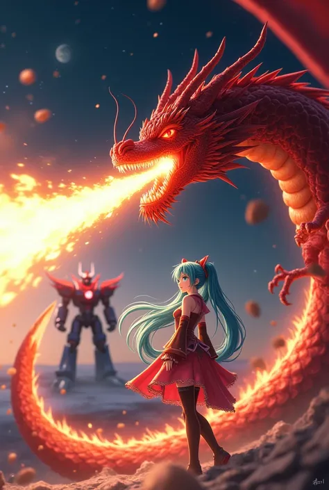 Hatsune Miku with red dragon breathing fire in space with Grendizer