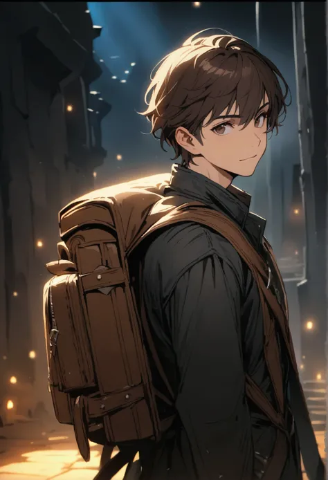 a male with short dark brown hair and dark brown eyes, friendly expression, Dungeons and Dragons, wearing a black coat, huge traveling backpack on back, highly detailed, cinematic lighting, vibrant colors, masterpiece