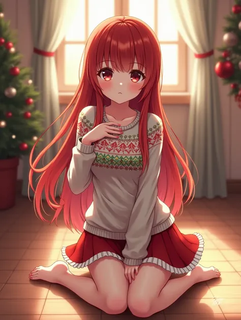 Christmas clothes， beautiful girl， anime style，whole body，indoor，Kneeling，Let go of your chest