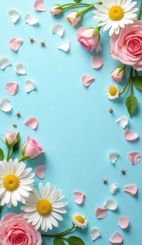 Create a vibrant floral arrangement featuring daisies, soft pink roses, and delicate flower petals scattered across a light blue background. Focus on an aesthetic layout that emphasizes texture and color contrast. Use natural light to enhance the freshness...