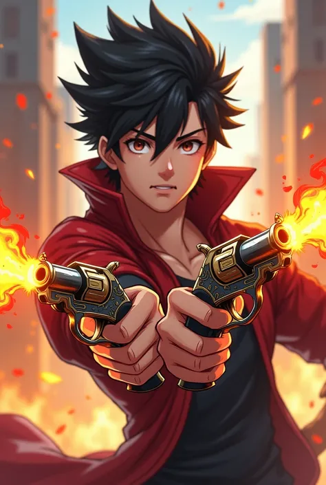 Create an anime-style 21-year-old male role-playing character with two pistols like muskets, But they are imbued with fire 