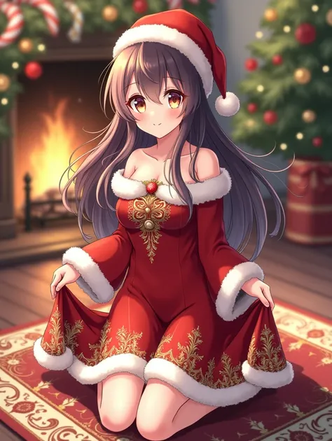 Christmas clothes， beautiful girl， anime style，whole body，indoor，Kneeling on the rug ，Let go of your chest