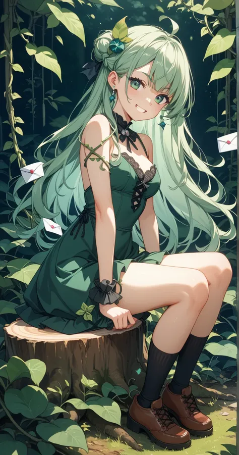  in the woods、Letter selly on a 、 girl、Hair is green、 long hair、 green leotard dress、 up and down around the girl、Sitting on a stump 、Figure eight eyebrows、Grin。Dark shadows are applied around the eyes、Long plant vines around a girl