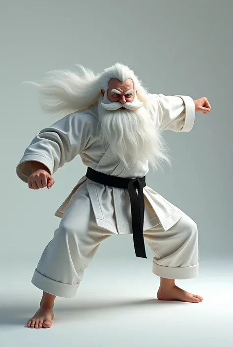 Santa Claus who is dressed in white karate kimono black belt in the Zenkutsu Dachi position, Shuto Uke 3D drawing