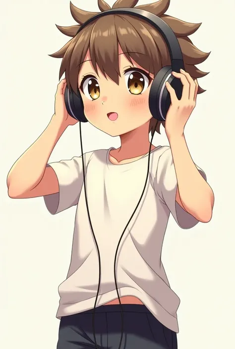 An  anime boy wearing white t shirt and black shorts. Listens to music . Cute  boy