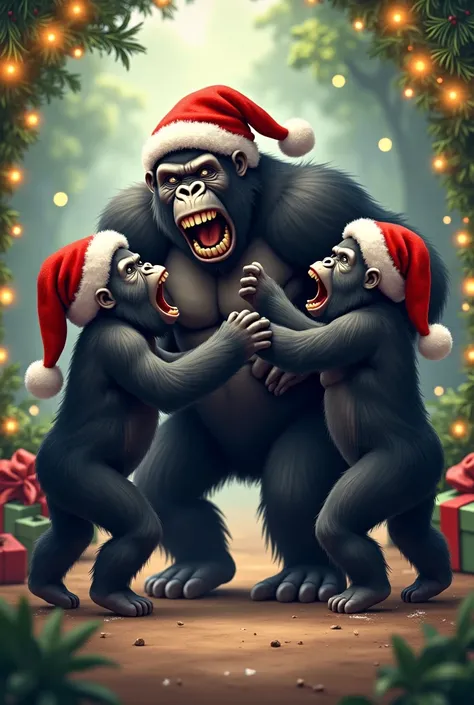  An image showing a group of gorillas training and having fun while celebrating Christmas. Wear Santa Claus hats 