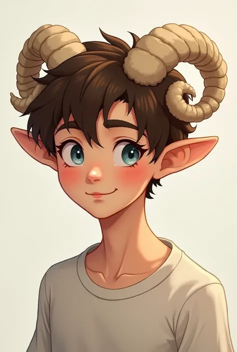 Solo, Smile, Blue eyes, Brown Hair, Simple background, Horns, 1boy, mature, sheep horns, sheep boy, Animal Ears, Sheep Ears, Goat Ears, 