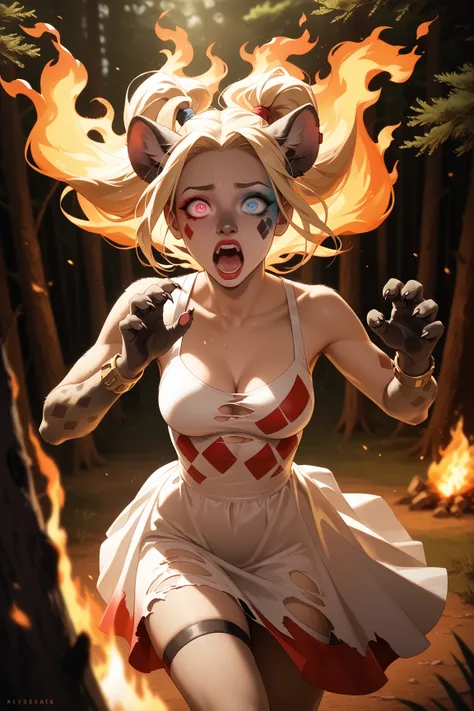 1girl, Harley Quinn being transformed into a female hyena, blonde hair with pink and blue highlights, glowing eyes, white dress, athletic, gasp, perfect eyes, perfect face,( forest fire:1.3), torn clothes,  looking up,  gasp, shocked, surprised, hyena ears...