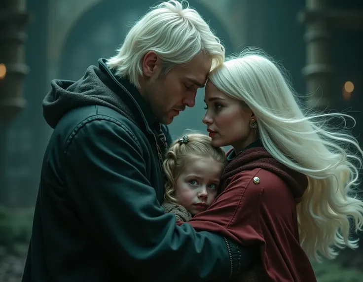 harry potter world,father, 27 years old, white hair, golden eyes, wife, 27 years old, long white hair and green eyes, protects her daughter from a dangerous spell, has white hair, left eye is golden and right eye is green,magick,darkness,4K,sharp focus,dra...