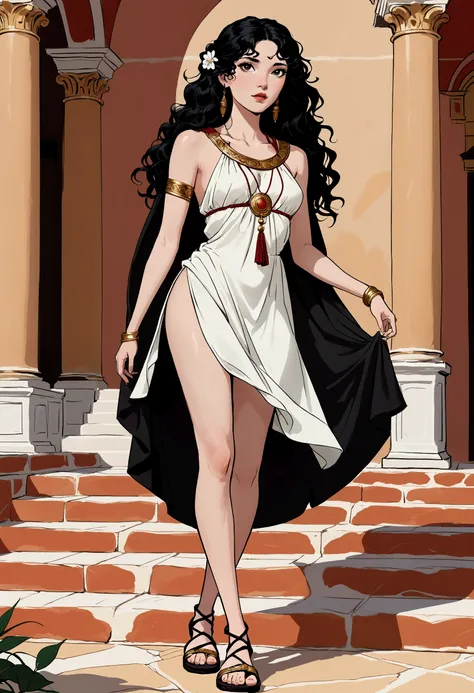 Black haired girl, long black hairs, wearing a short roman dress, wearing a short toga, long legs, beautiful legs, roman style sandals, bare feet, slender girl, big boobs, long curly black hairs, long hairs, curly black hairs, porcelain skin.