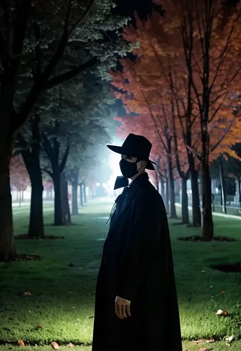 Plague doctor standing with a knife in a park at night。 horror。