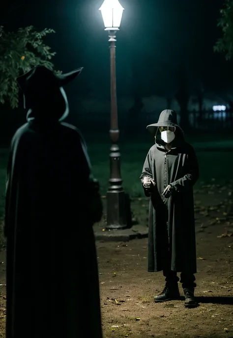 Plague doctor standing with a knife in a park at night。 horror。