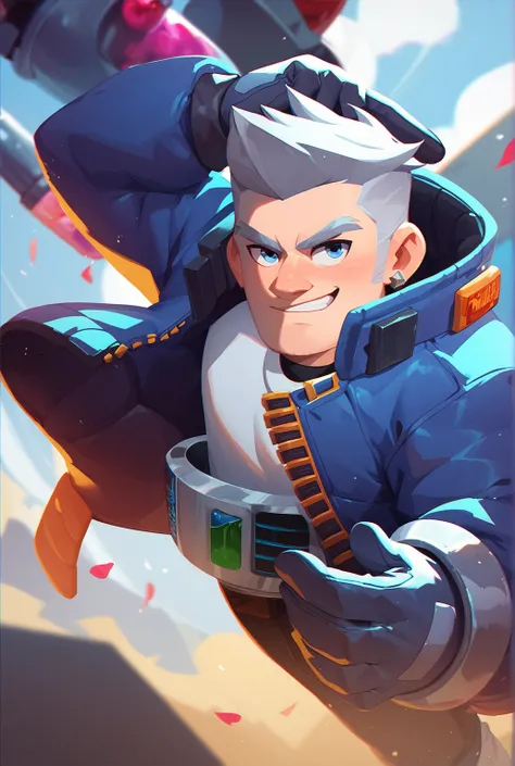 a brawler with mid-long, gray hair with a jacket that goes up to his nose and he has two gloves with a liquid iron capsule on top