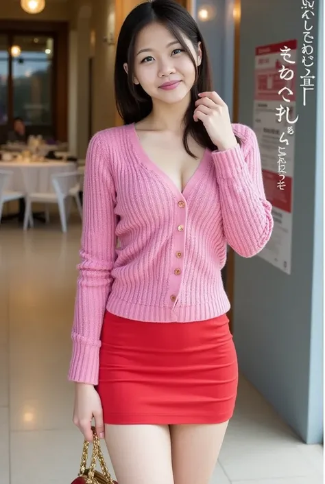 Young woman in a spiffy pink knit sweater, red super mini skirt and golden high heels, standing with a handbag