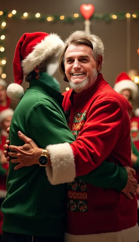 President Bolsonaro next to President Lula, hugging, wearing Christmas clothes.