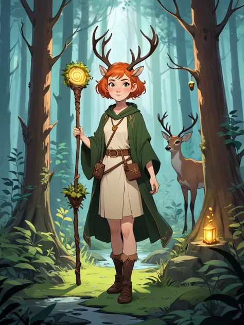 character concept, druid, girl with ginger short hair and short deer horns. She holds magic loot boxes in her arm. She stands in a fantasy forest. She has a druid magic staff