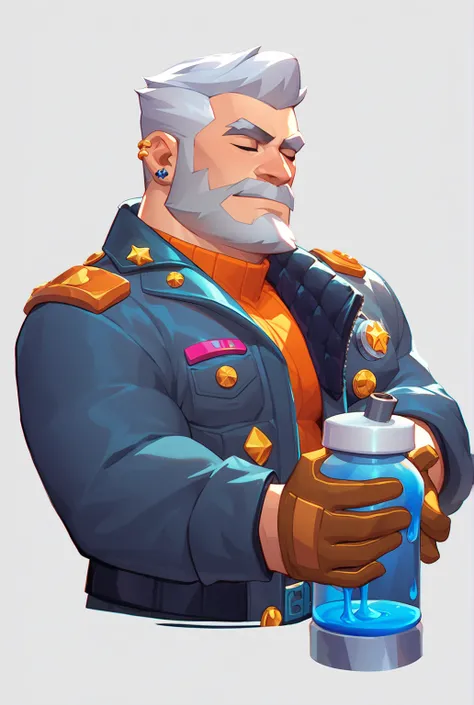 a brawler with mid-long, gray hair with a jacket that goes up to his nose and he has two gloves with a liquid iron capsule on top he is  without a beard and his jacket and closed plus he has a piercing look
