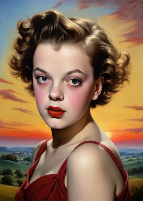 [[( front full figure portrait : young girl Judy Garland (One!!!)  with big beautiful eyes and short hair oblique twister bob, Crimson)(( Kuno-Amiet style !!!))])):20]/[background: Renaissance landscape , old canvas, ( silver fog sunset ), (( Alexey Savras...