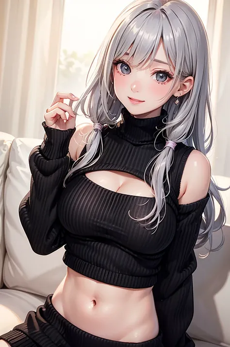 ( Best Quality , high res,8k,inelity detailed background, Masterpiece:1.2), beautiful girl,Big Breasts, glossy romance gray hair,long hair,messy hair,Beautiful grey eyes, virgin killer sweater, (sweater dress:1.2), ribbed sweater,sideboob,cleavage cutout, ...