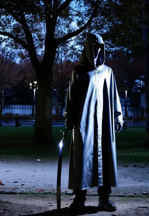 A creepy silver masked plague doctor is standing in a park at night with a sword。 horror。