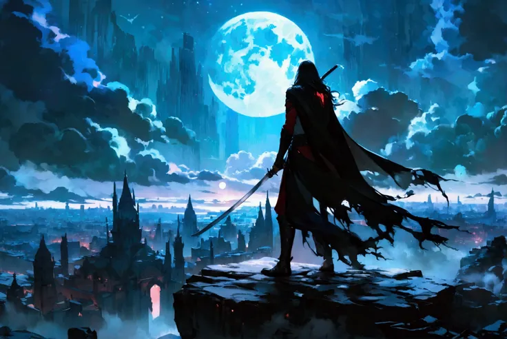 " A night landscape with a bright full Moon that illuminates a sky full of stars.  in the background , there is an ancient city ,  with tall, gothic towers ,  shrouded in bluish fog . in the foreground,  a mysterious warrior ,  dressed in a long black and ...