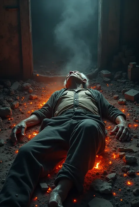  A dead old man lying on the fire