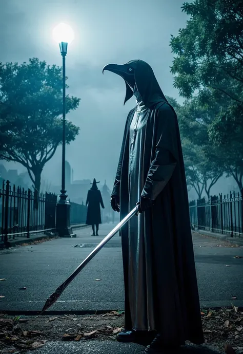 A plague doctor in a creepy silver bird mask is standing in a park at night with a sword。 horror。